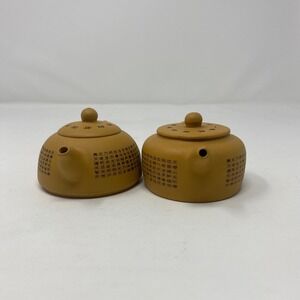 Two Chinese Yixing Style Clay Teapots Heart Sutra Calligraphy‎ Brown Small